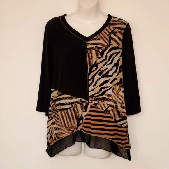 JM Collection Animal print multi-textured collage top 3/4 sleeves petite medium - Picture 1 of 7